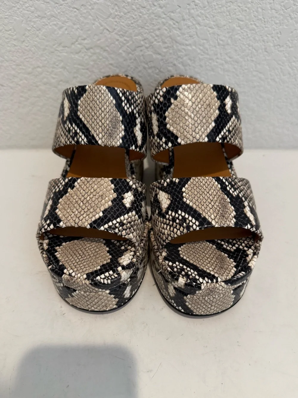 Chloé Odina Mule Snakeskin-Print Platform Block Heel Sandals Black Cream Tan 40